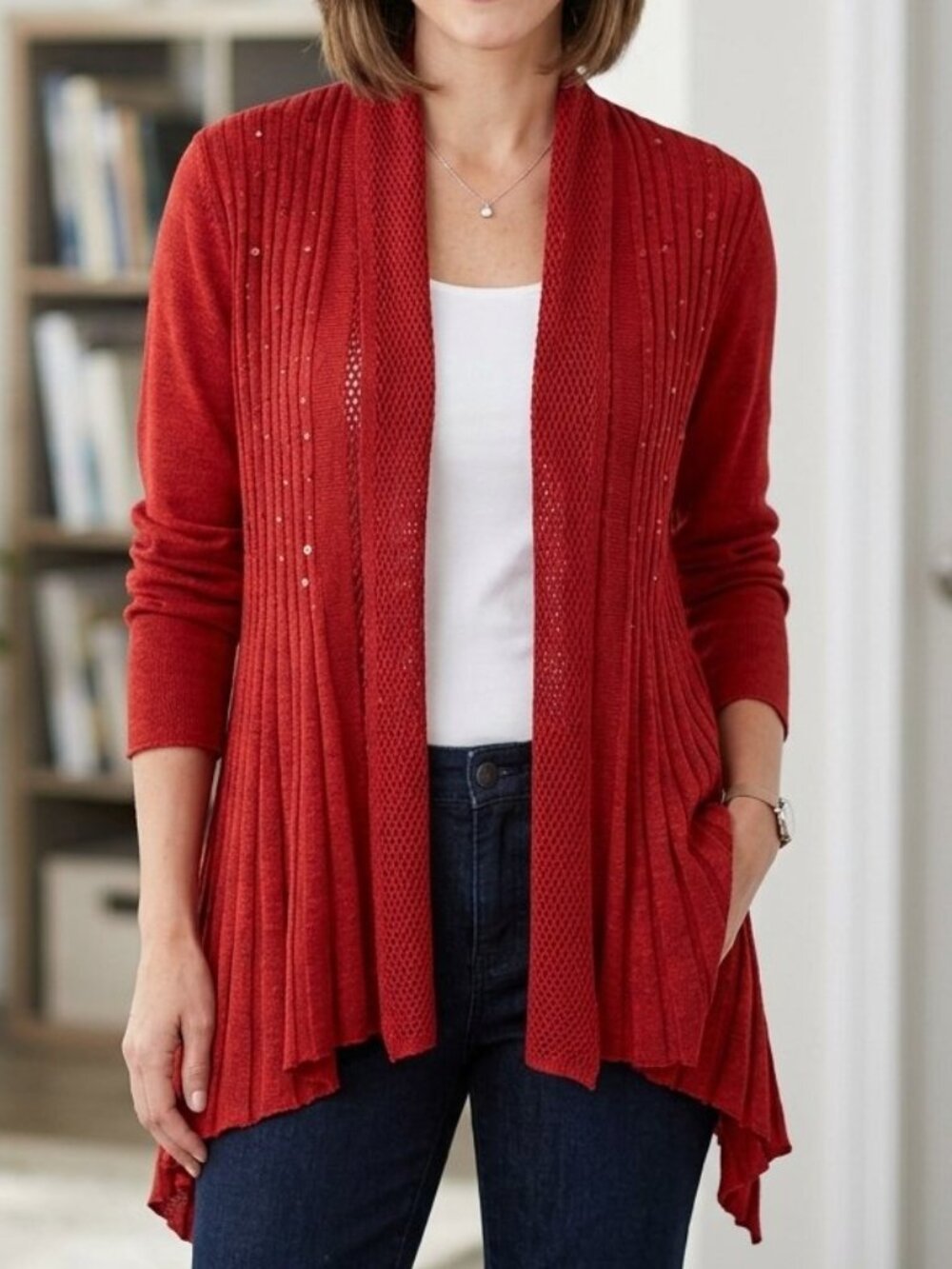 Women's Red Long Sleeve Open Front Knit Cardigan Semi Sheer Sequins Festive
